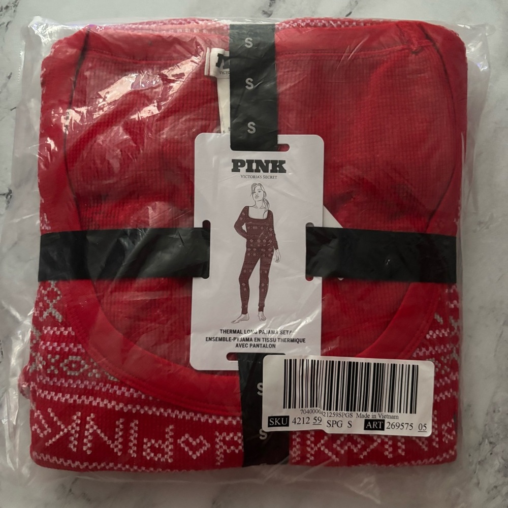 PINK Victorias Secret NWT Red Thermal Fair Isle Red Long Top & Pant Pajama Set S